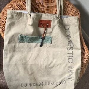 Canvas Tote with Text and Leather Accent